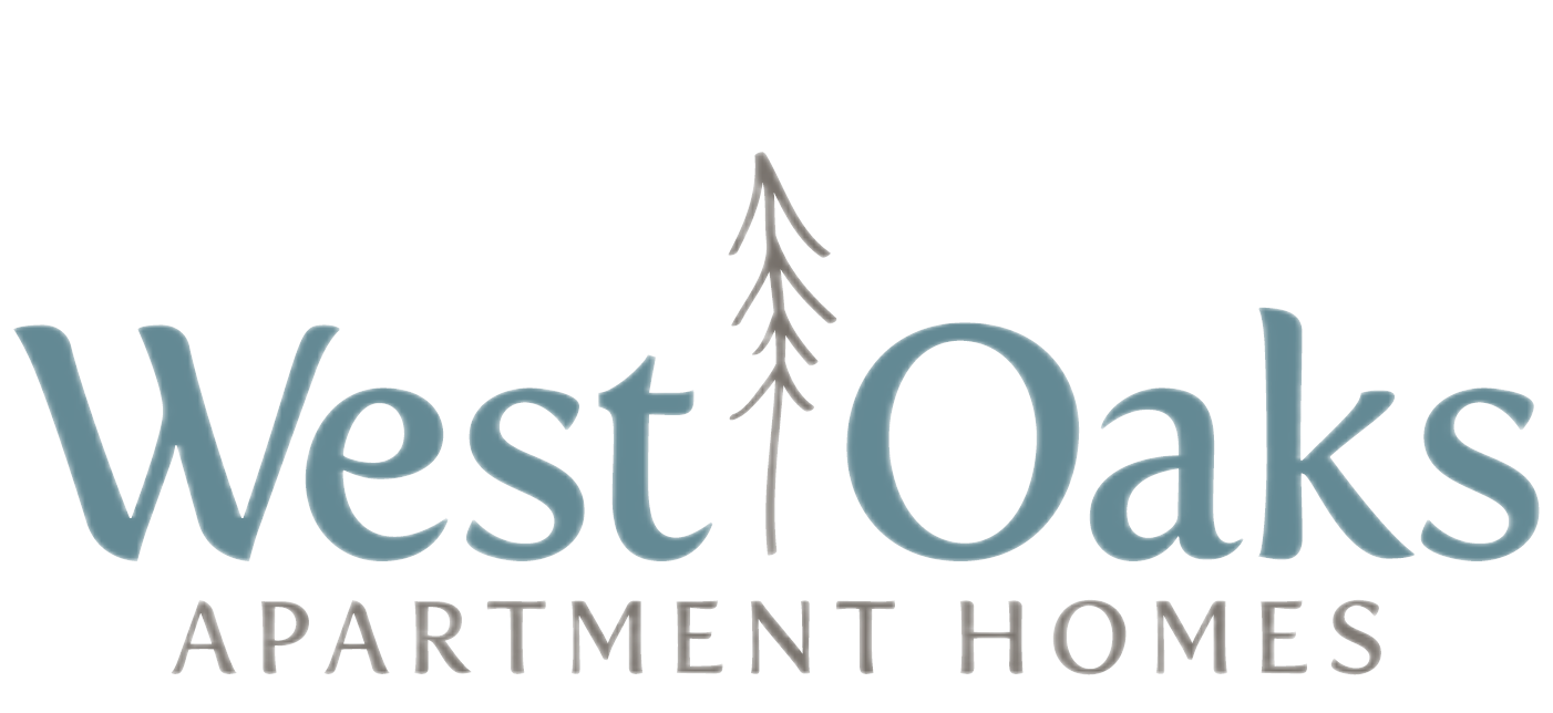 a white and blue logo for west oaks apartment homes